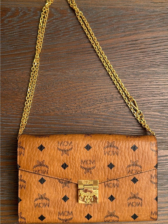 MCM Handbags - MCM Cognac Visetos Monogram Crossbody with Gold Chain